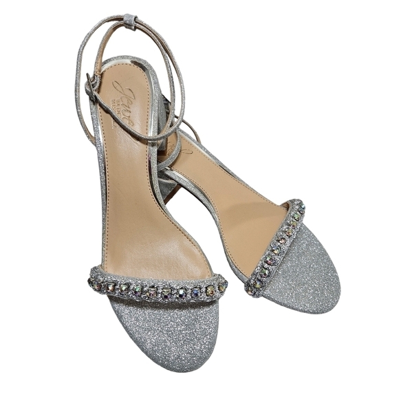 Jewel Badgley Mischka  Odonna Silver Glitter Open Toe Block Heel Sandals sz 6.5 - Picture 12 of 17